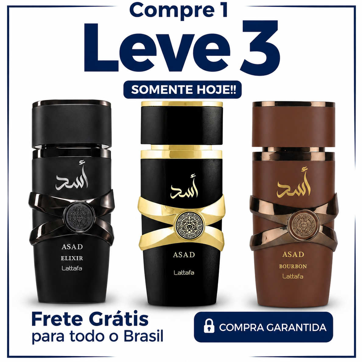 Promoção Compre 1 e Leve 3 Perfumes Árabes – Asad Elixir, Asad Lattafa e Asad Bourbon – (100ml Cada)