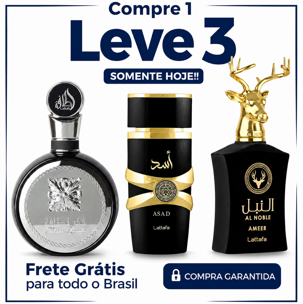 Promoção Compre 1 e Leve 3 Perfumes Árabes – Al Noble Ameer, Asad Elixir e Fakhar Black – (100ml Cada)