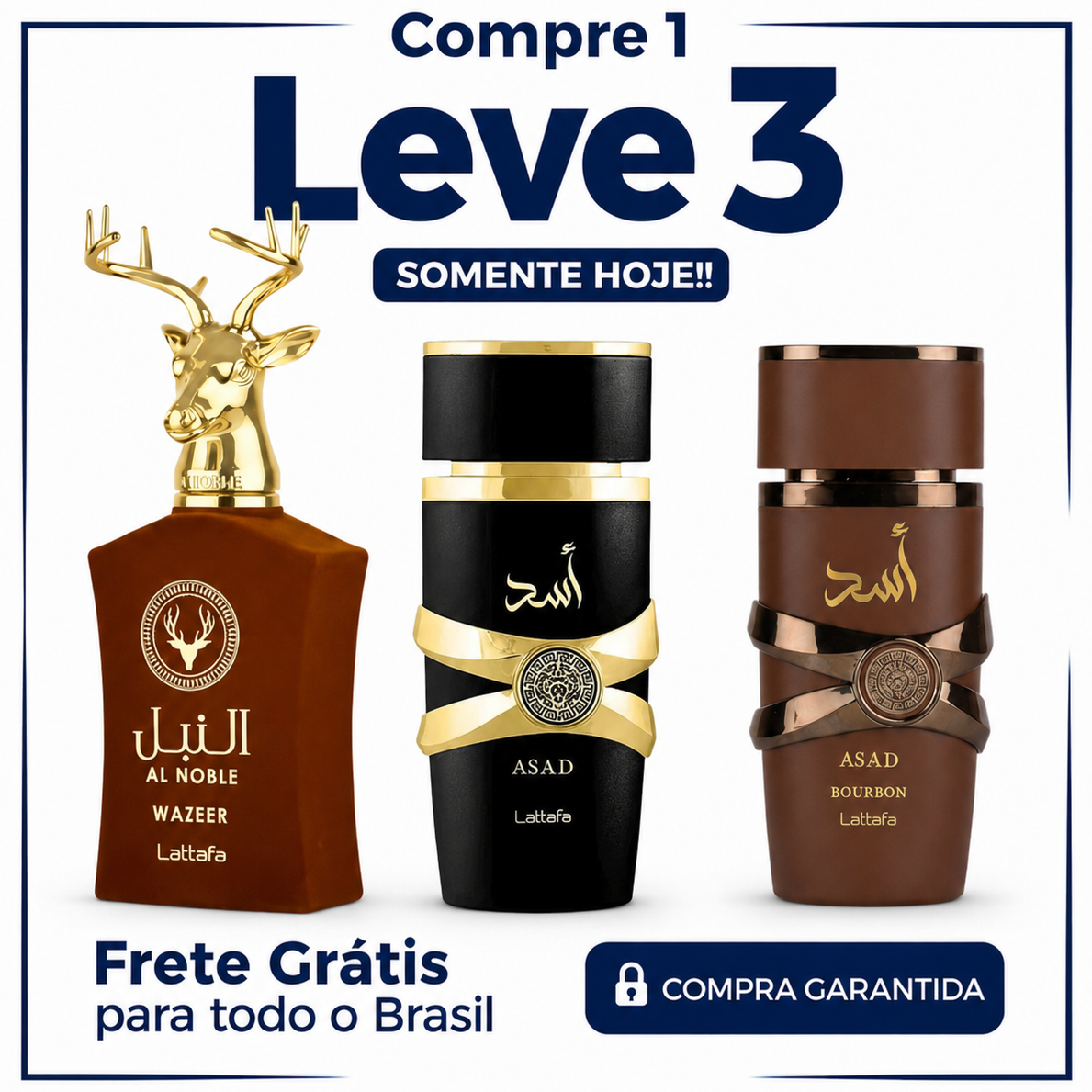 Promoção Compre 1 e Leve 3 Perfumes Árabes – Al Noble Wazeer, Asad Elixir e Asad Bourbon – (100ml Cada)