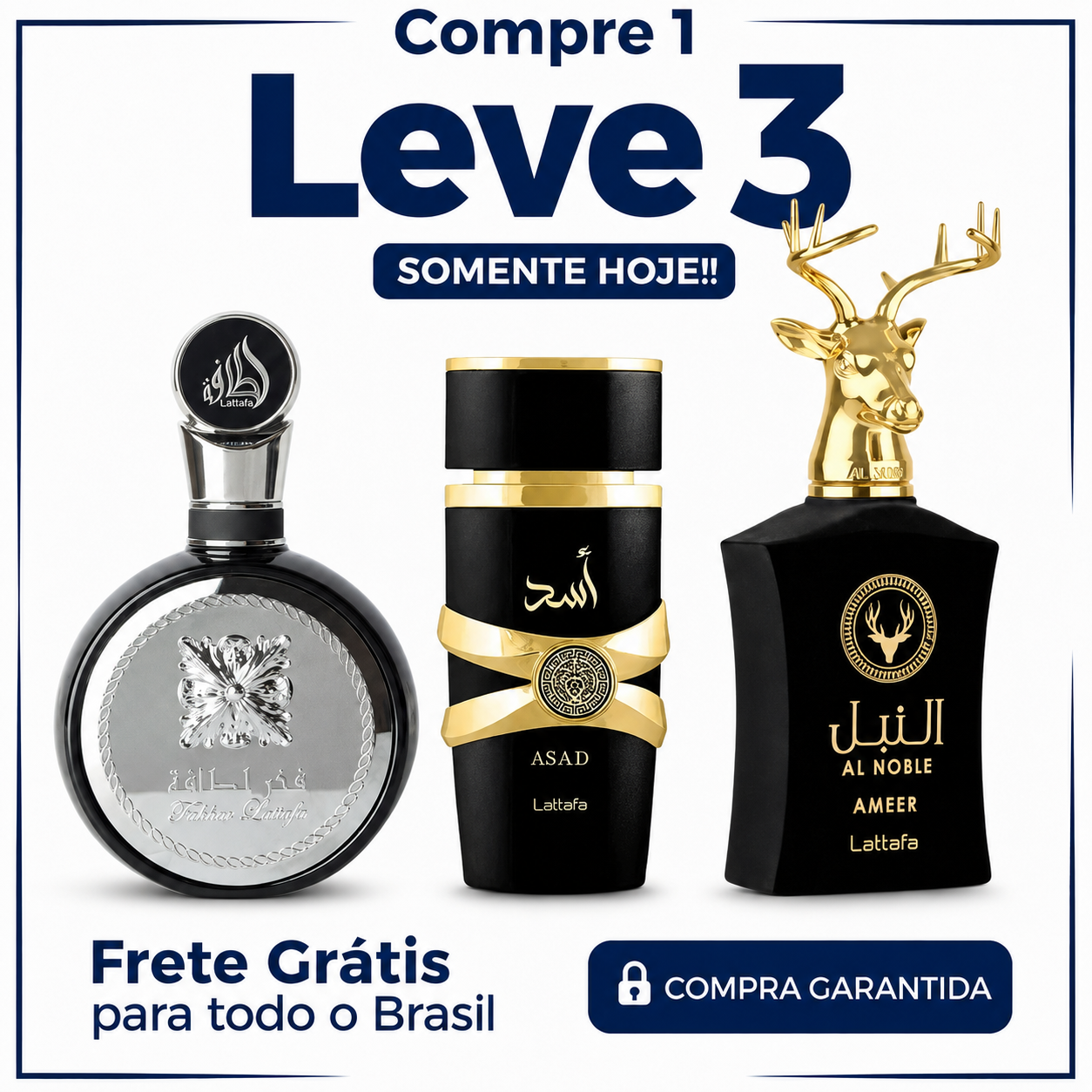 Promoção Compre 1 e Leve 3 Perfumes Árabes – Fakhar Black, Asad Lattafa e Al Noble Ameer – (100ml Cada)