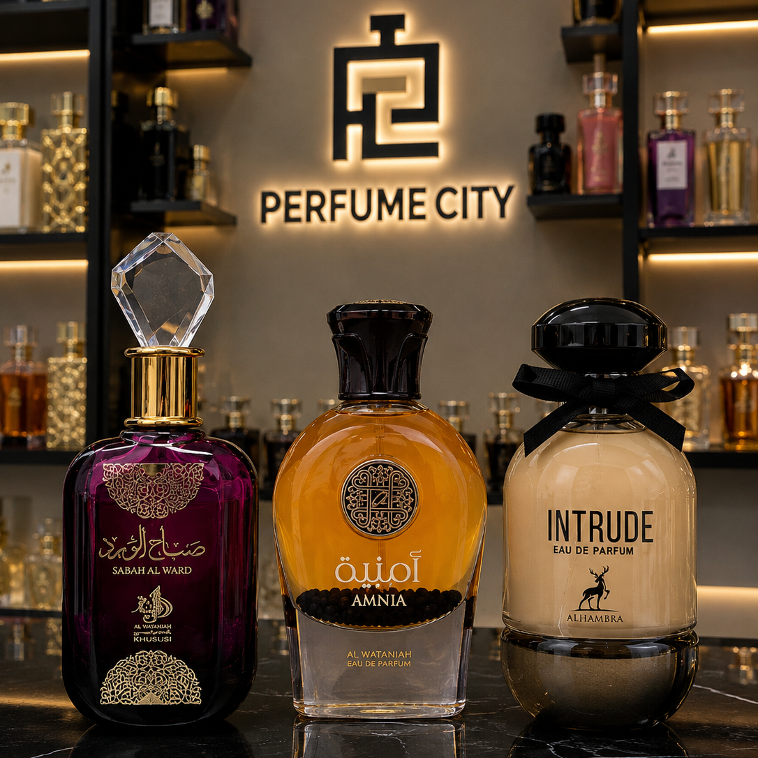 Promoção Compre 1 e Leve 3 Perfumes –Sabah Al Ward,Amnia Al Wataniah e Alhambra L'Intru  – (100ml Cada)