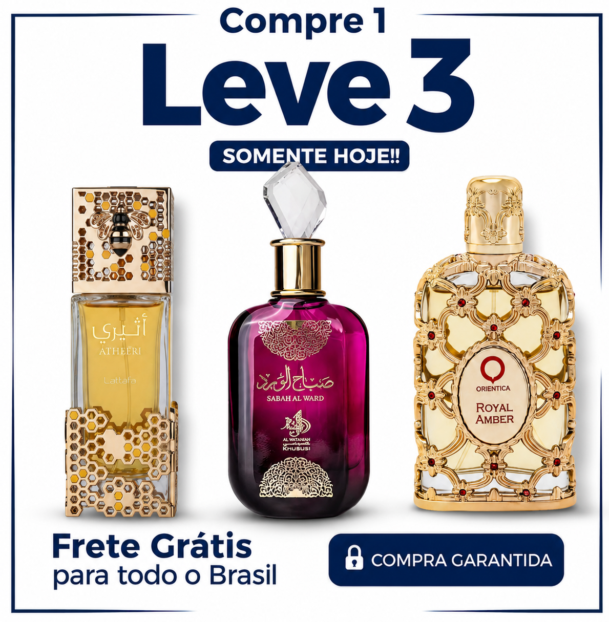 Promoção Compre 1 e Leve 3 Perfumes Árabes – Lattafa Atheeri, Sabah Al Ward e Royal Amber – (100ml Cada)