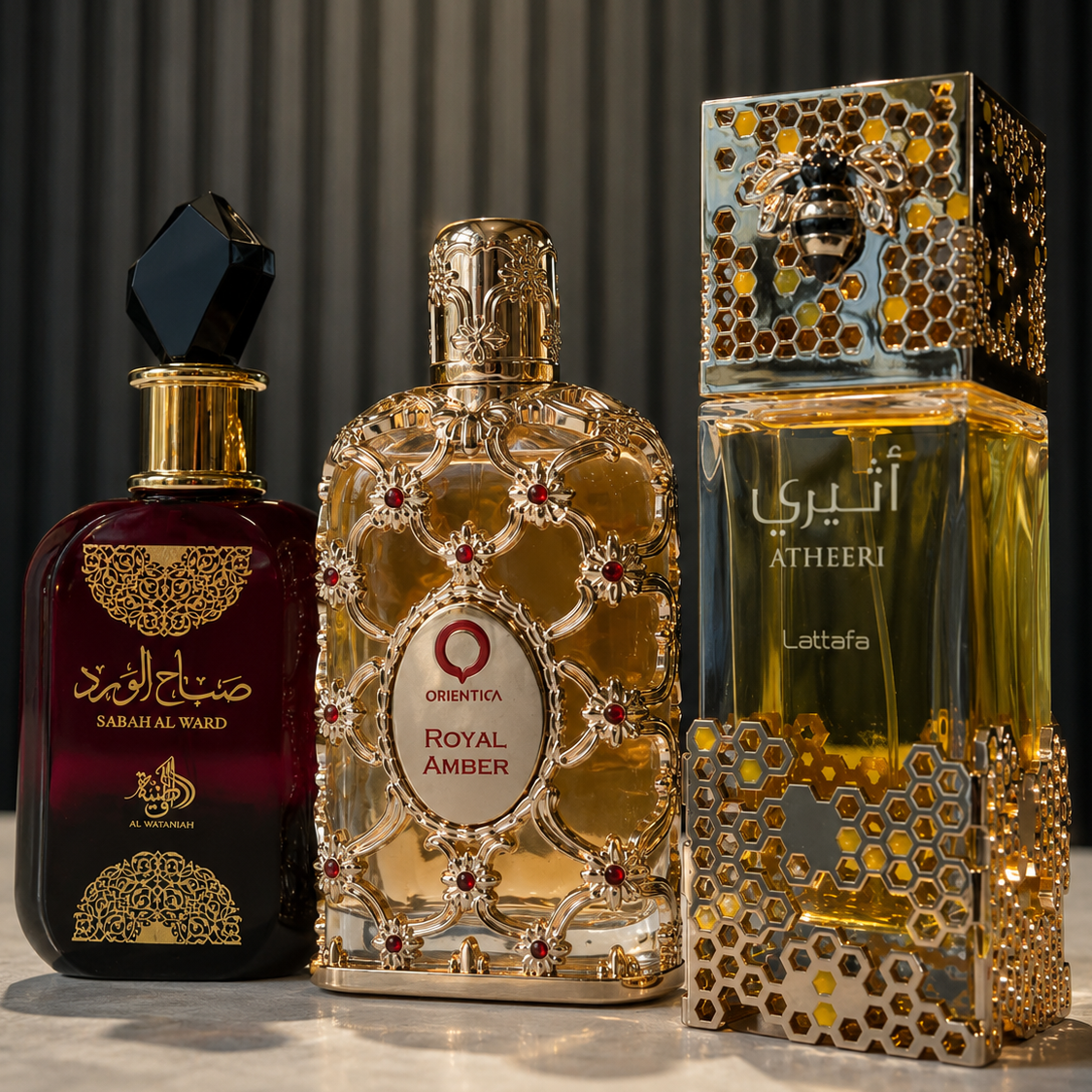 Promoção Compre 1 e Leve 3 Perfumes Árabes – Lattafa Atheeri, Sabah Al Ward e Royal Amber – (100ml Cada)