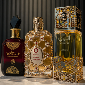 Promoção Compre 1 e Leve 3 Perfumes Árabes – Lattafa Atheeri, Sabah Al Ward e Royal Amber – (100ml Cada)