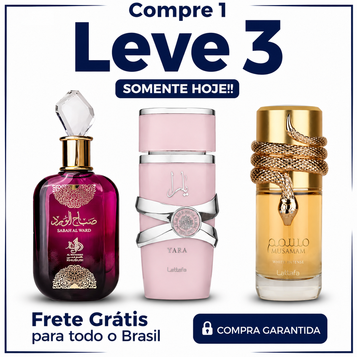 Promoção Compre 1 e Leve 3 Perfumes Árabes – Sabah Al Ward, Lattafa Yara e Musamam White – (100ml Cada)