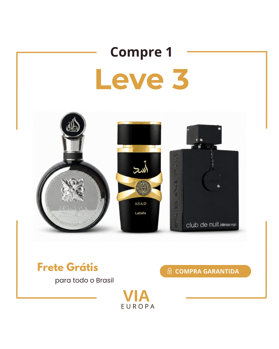 Promoção Compre 1 e Leve 3 Perfumes Árabes – Fakhar Black, Asad Lattafa e Club de Nuit – (100ml Cada)